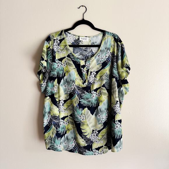 Panama Jack Blue + Green Palm Leaf Print V Neck Short Sleeve Top - 3X - Picture 7 of 7